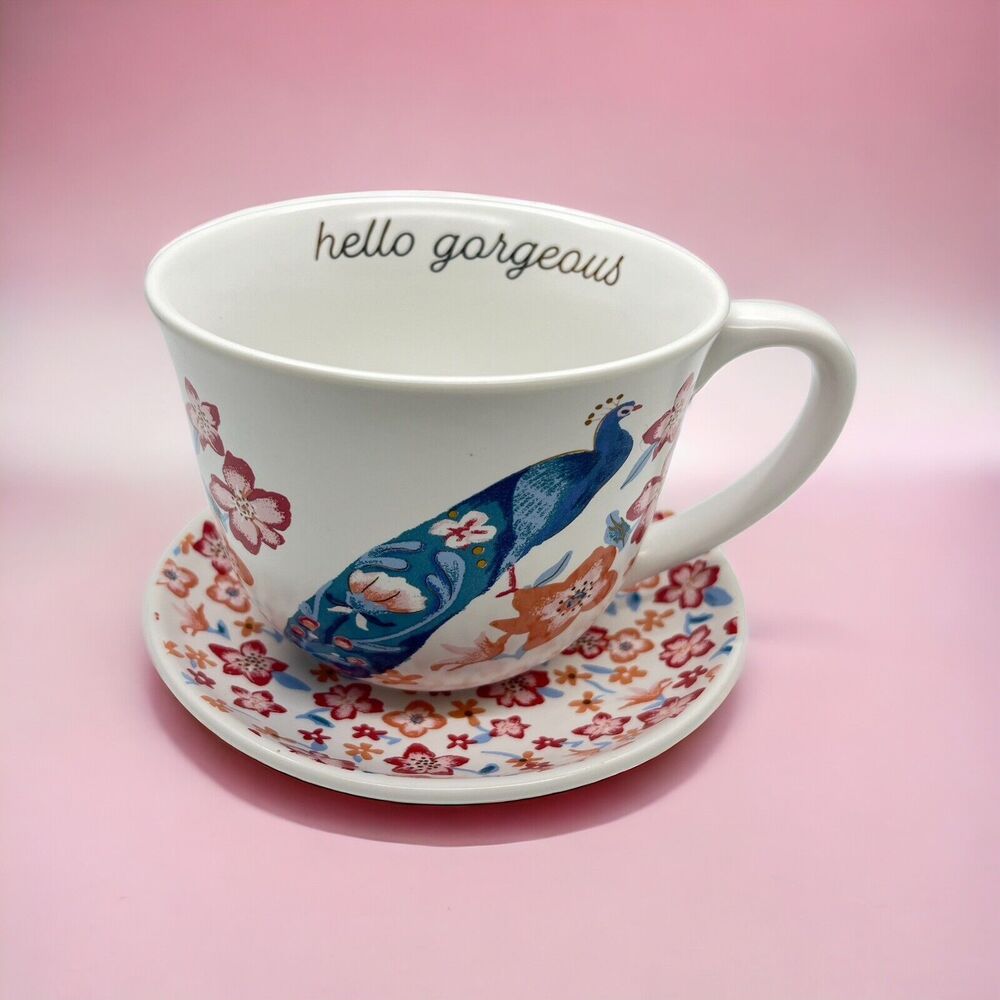 Opalhouse Peacock Floral "Hello Gorgeous"  14 oz Coffee Mug Cup And Saucer